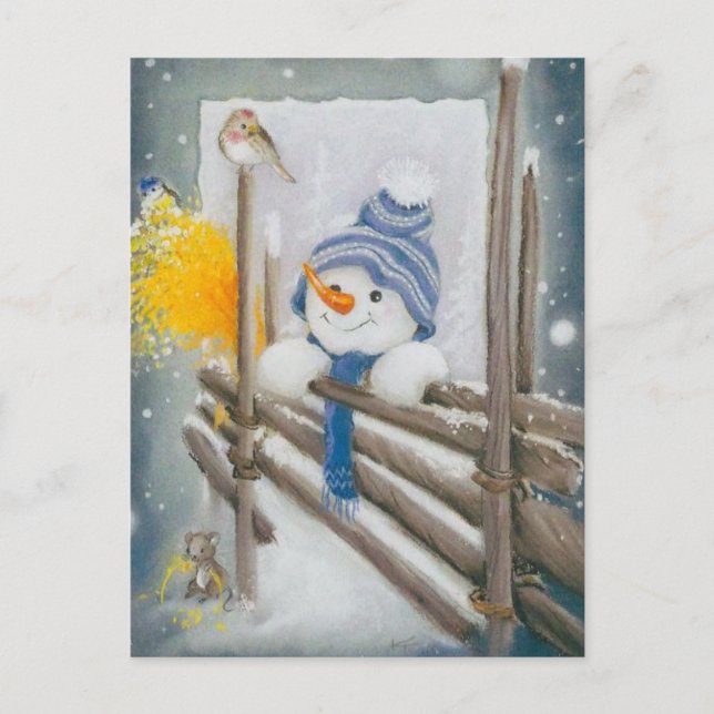 Cartes Pour Fêtes Annuelles Noël Snowman regarde l'oiseau (Devant)