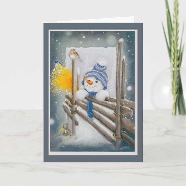 Cartes Pour Fêtes Annuelles Noël Snowman regarde l'oiseau (Devant)
