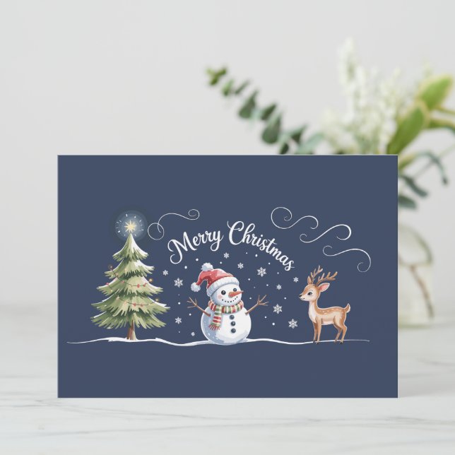Cartes Pour Fêtes Annuelles Noël Snowman Reindeer Xmas Tree hiver (Debout devant)