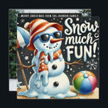 Cartes Pour Fêtes Annuelles Noël Snowman Snow beaucoup de plaisir<br><div class="desc">Conception personnalisée sur le thème des vacances avec l'expression "Joyeux Noël de la famille Johnson" vous pouvez changer. Amusez-vous l'été dans votre décor de vacances avec ce ornement fantaisiste ! Doté d'un bonhomme de neige qui fond dans la chaleur, entouré d'objets d'été classiques comme une boule de plage, un parapluie...</div>