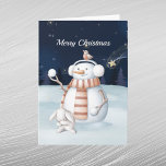 Cartes Pour Fêtes Annuelles Noël Snowman Snowballs Rabbit nuit Ciel<br><div class="desc">Un bonhomme de neige tenant des boules de neige et un lapin de canard.</div>