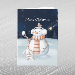 Cartes Pour Fêtes Annuelles Noël Snowman Snowballs Rabbit nuit Ciel