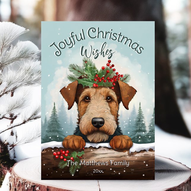 Cartes Pour Fêtes Annuelles Noël Souhaits Forêt d'hiver Airedale Terrier (Adorable Winter Snowy Scene With Peeking Dogs or Farm/Woodland Animals - Over 50 to Choose From!)