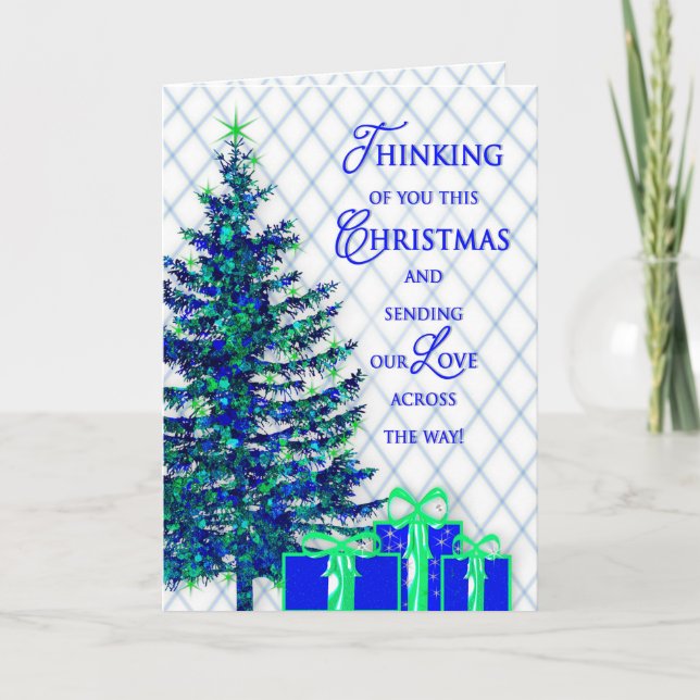Cartes Pour Fêtes Annuelles Noël, Sur les Miles, Bleu/Arbre, Cadeaux (Devant)