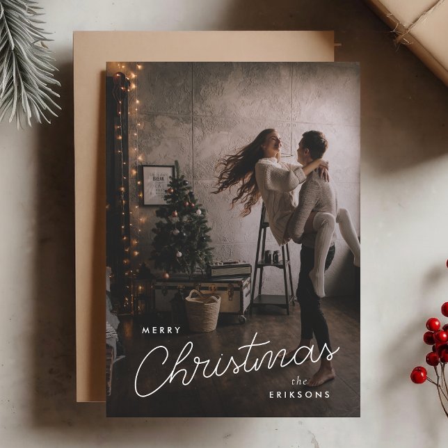 Cartes Pour Fêtes Annuelles Noël tendance moderne | Dark Dusky Couple Photo (Celebrate the season with a full photo vertical holiday card, personalized with your name and photo)
