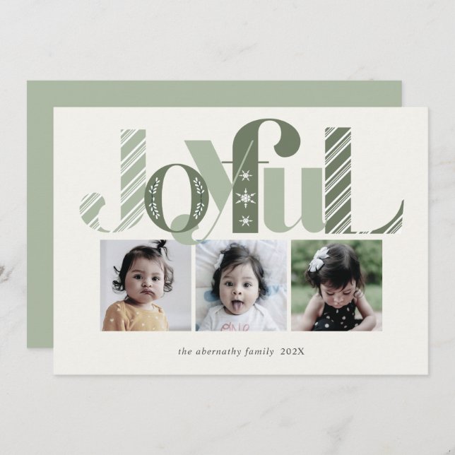 Cartes Pour Fêtes Annuelles Noël Trois Photo Joyeux Tea Green (Devant / Derrière)