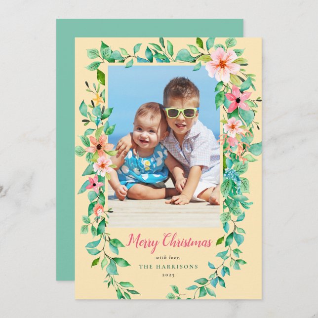 Cartes Pour Fêtes Annuelles Noël tropical Floral Jaune & Green Photo (Devant / Derrière)
