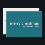Cartes Pour Fêtes Annuelles Noël turquoise | Smoke Blue Minimal Simple Clean<br><div class="desc">Simple et élégant "joyeux noël" citation carte de voeux avec typographie moderne en blanc sur un arrière - plan bleu acier dans un style minimaliste scandinave "scandi". La carte peut être facilement personnalisée avec votre propre salutation de vacances, nom de famille et année pour faire une carte de vacances vraiment...</div>