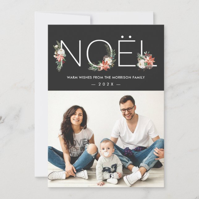 Cartes Pour Fêtes Annuelles NOEL Typographie Poinsettia Floral Photo de Noël (Devant)