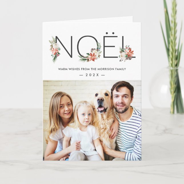 Cartes Pour Fêtes Annuelles NOEL Typographie Poinsettia Floral Photo Noël (Devant)