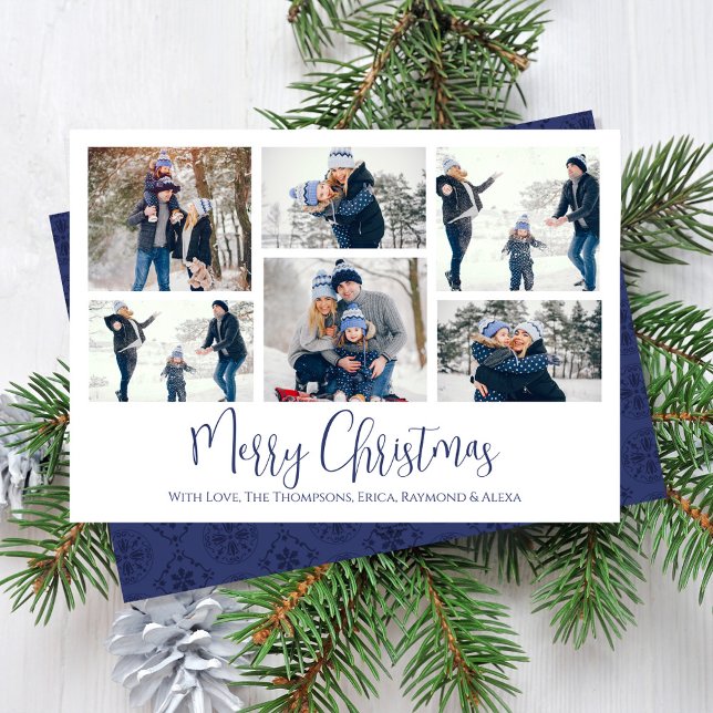 Cartes Pour Fêtes Annuelles Noël Vacances 6 Six Photo Marine Flèche de neige b (Merry Christmas cute calligraphy script multi-photo card with navy blue snowflake pattern. )