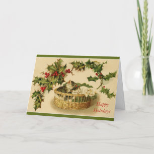 Cartes Pour Fêtes Annuelles Noël Vacances Cute Chats Chatons Panier Holly
