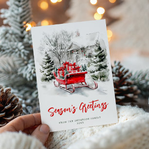 Cartes Pour Fêtes Annuelles Noël Vacances Festif Traîneau Aquarelle