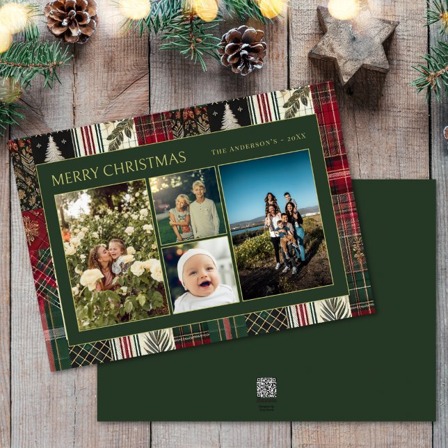 Cartes Pour Fêtes Annuelles Noël Vert Plaid Famille Quatre Photo Collage (Créateur téléchargé)