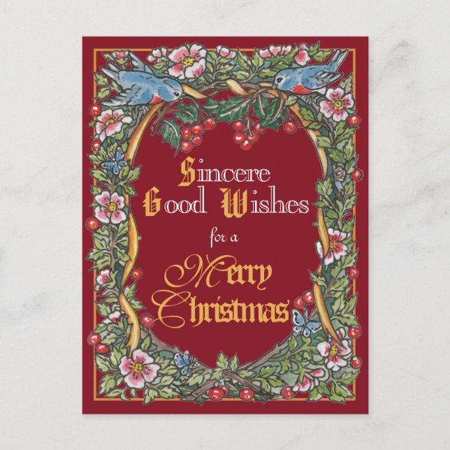 Cartes Pour Fêtes Annuelles Noël victorien Élégant Oiseau Holly Bourgogne (Devant)