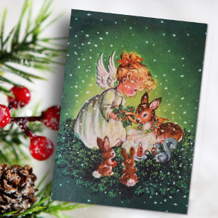 Cartes Pour Fêtes Annuelles Noël Vintage Ange Fille Nourrir Animaux