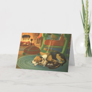 Cartes Pour Fêtes Annuelles Noël vintage, Animaux endormis près de la cheminée