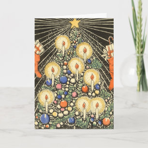 Cartes Pour Fêtes Annuelles Noël vintage, arbre avec bougies et une étoile