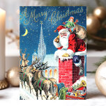 Cartes Pour Fêtes Annuelles Noël Vintage au Père Noël Chimney Joyeux Noël<br><div class="desc">Carte Vintage Noël Chimney Joyeuse Noël. Ce dessin présente le Père Noël avec son Reindeer descendant la cheminée. Quelle belle scène de vacances rétro. Personnalisez ce design personnalisé avec votre propre salutation intérieure.</div>