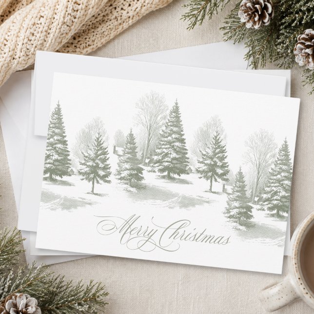Cartes Pour Fêtes Annuelles Noël Vintage Bois de Pins enneigé de l'hiver (Vintage Winter Woodland Snow Pine Forest Christmas Holiday Card)