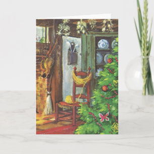 Cartes Pour Fêtes Annuelles Noël vintage, chalet en rondins cosy avec cheminée