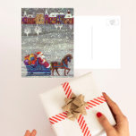 Cartes Pour Fêtes Annuelles Noël Vintage, Cheval du Père Noël<br><div class="desc">Illustration vintage Victorian Joyeux Noël image montrant un joyeux Père Noël à cheval dans un traîneau ouvert le soir de Noël. Il neige pendant l'hiver avec une ville endormie au loin. Des arbres blancs recouverts de branches recouvertes de neige tandis que des flocons tombent doucement du ciel nocturne.</div>