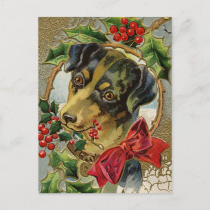 Cartes Pour Fêtes Annuelles Noël vintage, Chien chiot de Dachshund avec Holly