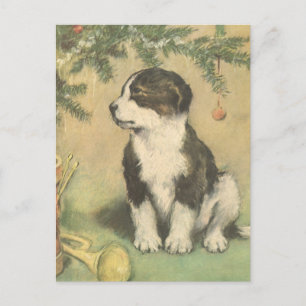 Cartes Pour Fêtes Annuelles Noël vintage, chiot mignon sous l'arbre de Noël