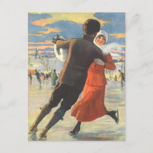 Cartes Pour Fêtes Annuelles Noël vintage, couple romantique patinant sur glace