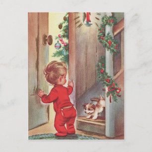 Cartes Pour Fêtes Annuelles Noël vintage d'enfant et de chiot orienté