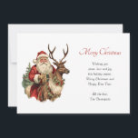 Cartes Pour Fêtes Annuelles Noël vintage du Père Noël<br><div class="desc">Une carte de Noël plate avec une illustration de Noël amusante. Le Père Noël dans son costume rouge traditionnel chevauchant un grand renne en berger décoré de saint. Un sapin de Noël à l'arrière.</div>