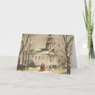 Cartes Pour Fêtes Annuelles Noël vintage, église dans un paysage enneigé d'hiv