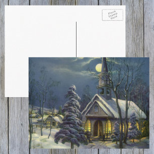 Cartes Pour Fêtes Annuelles Noël Vintage, Église d'hiver en Neige avec Lune