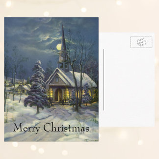 Cartes Pour Fêtes Annuelles Noël Vintage, Église d'hiver en Neige avec Lune