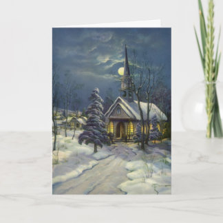 Cartes Pour Fêtes Annuelles Noël Vintage, Église d'hiver en Neige avec Lune