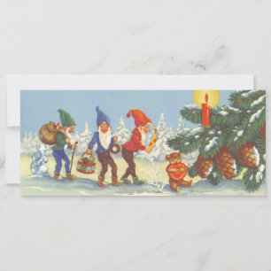 Cartes Pour Fêtes Annuelles Noël vintage, elfes dans la forêt de neige hiver