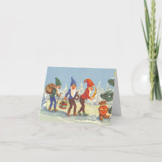Cartes Pour Fêtes Annuelles Noël vintage, elfes dans la forêt de neige hiver