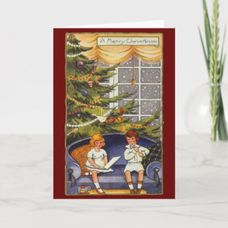 Cartes Pour Fêtes Annuelles Noël vintage, enfants assis sur un canapé