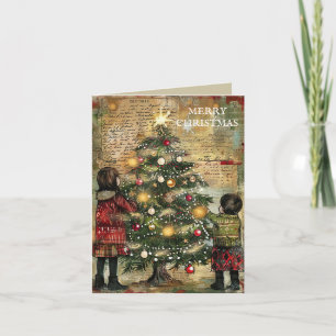Cartes Pour Fêtes Annuelles Noël vintage enfants décorant l'arbre