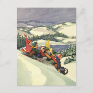 Cartes Pour Fêtes Annuelles Noël vintage, enfants faisant de la luge sur une m