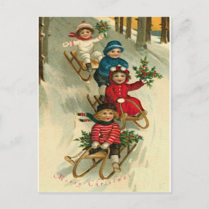 Cartes Pour Fêtes Annuelles Noël vintage enfants mignons faisant de la luge da