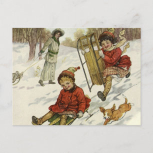 Cartes Pour Fêtes Annuelles Noël Vintage, Enfants Victoriens Dormir Chien