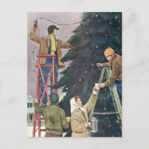 Cartes Pour Fêtes Annuelles Noël vintage, famille accrochant des lumières à l'