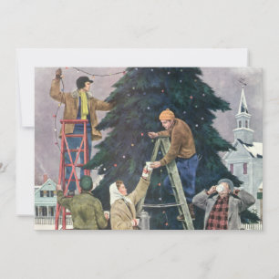 Cartes Pour Fêtes Annuelles Noël vintage, famille accrochant des lumières sur 