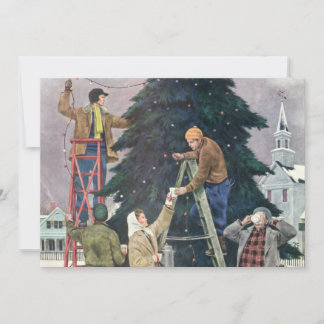 Cartes Pour Fêtes Annuelles Noël vintage, famille accrochant des lumières sur