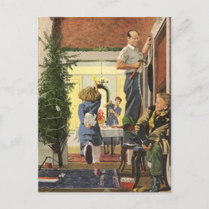 Cartes Pour Fêtes Annuelles Noël vintage, famille décorant la maison