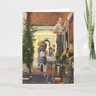 Cartes Pour Fêtes Annuelles Noël vintage, famille décorant la maison