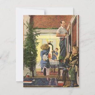 Cartes Pour Fêtes Annuelles Noël vintage, famille décorant la maison