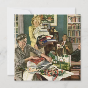 Cartes Pour Fêtes Annuelles Noël vintage, famille heureuse emballant des cadea