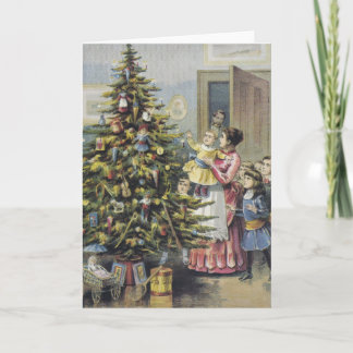 Cartes Pour Fêtes Annuelles Noël vintage, famille victorienne autour de l'arbr